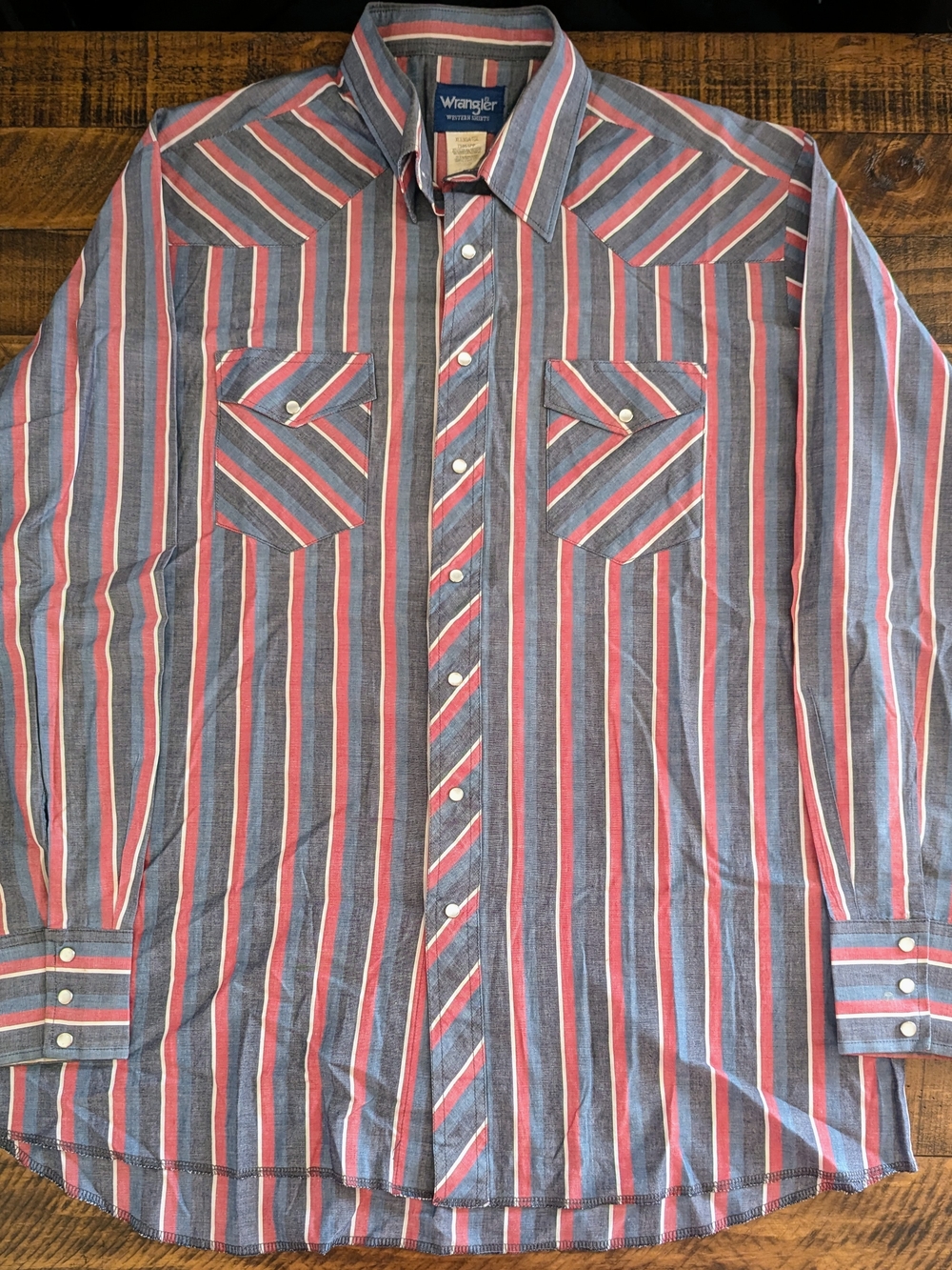 Vintage Wrangler Shirt Mens XLT Red Blue Black Stripe Pearl Snap Long Sleeve